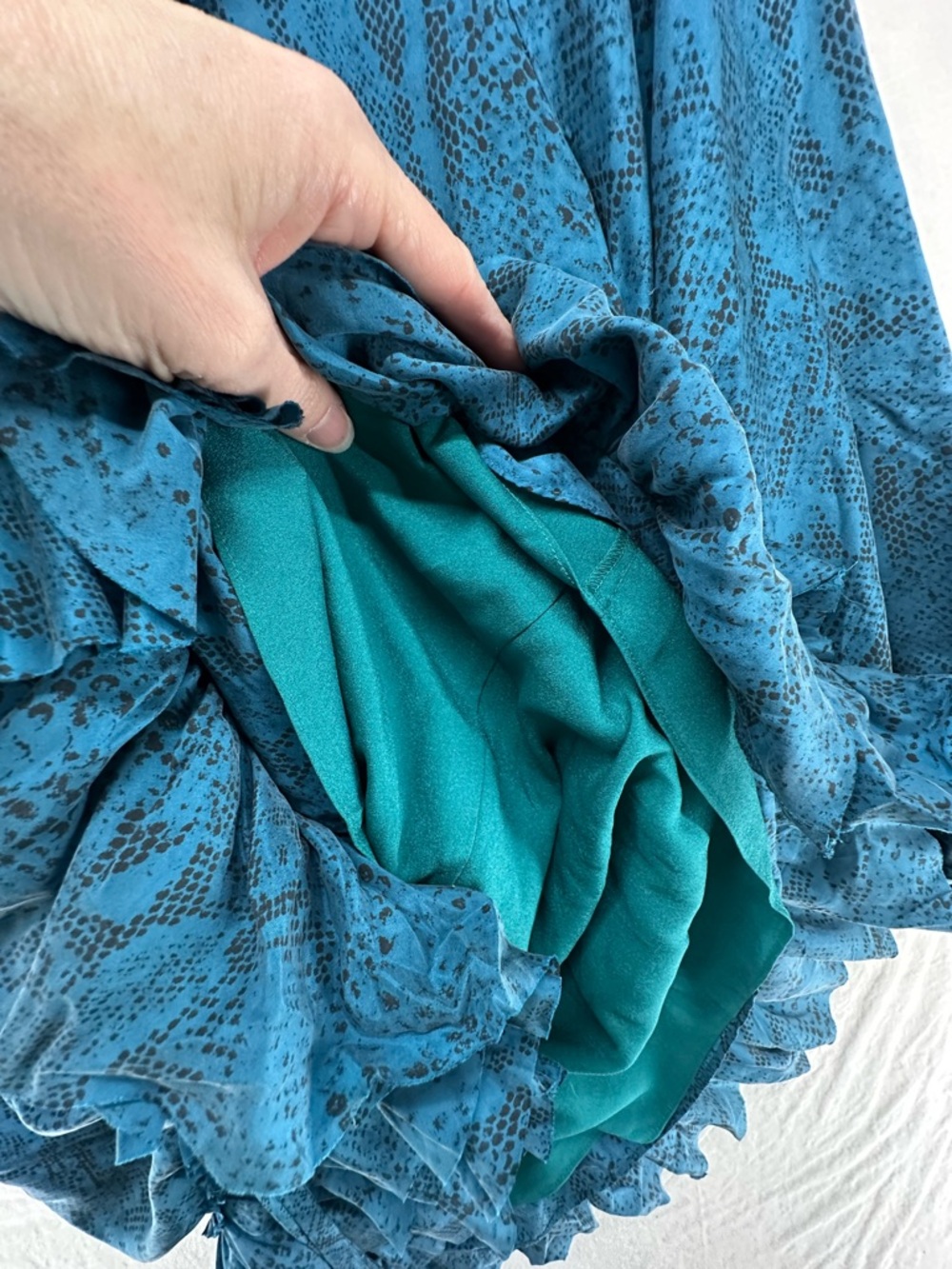 Rebecca Taylor Dress Python Print 3/4 Sleeve Silk Tie Waist Ruffle Blue Size 8 - Picture 7 of 9